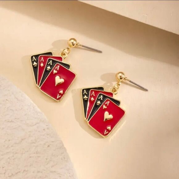 18k Gold Plated Stainless Steel Stack of Ace Cards Earrings - Picture 2 of 5